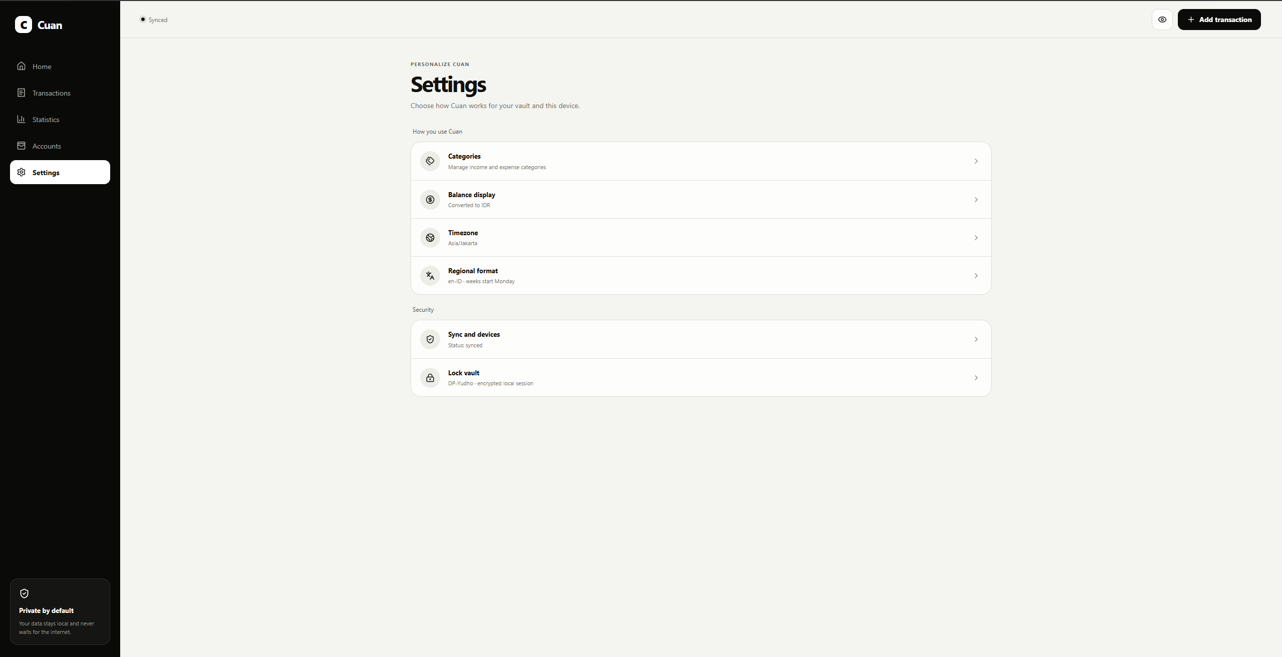 Cuan Settings & Sync Status