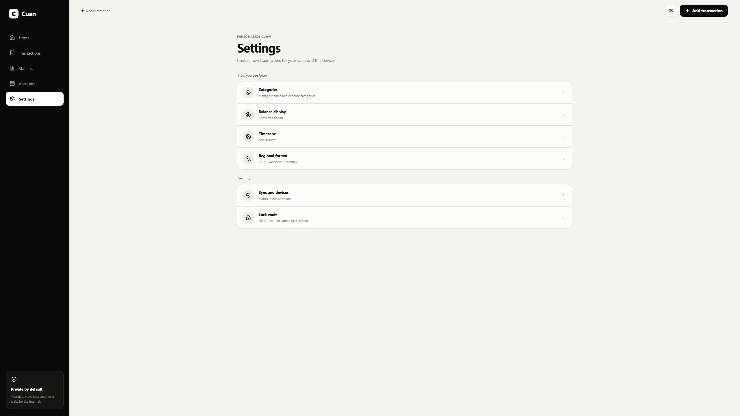 Cuan Settings & Sync Status